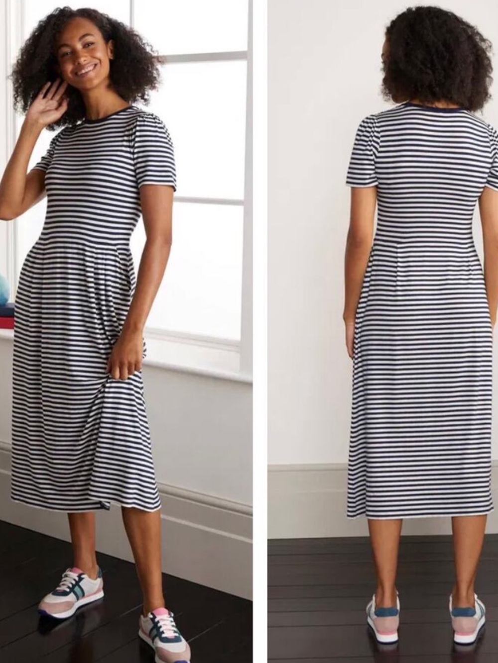 Boden Lucinda Navy Striped Jersey Midi Dress 16/18R Short Sleeve Pockets Stretch